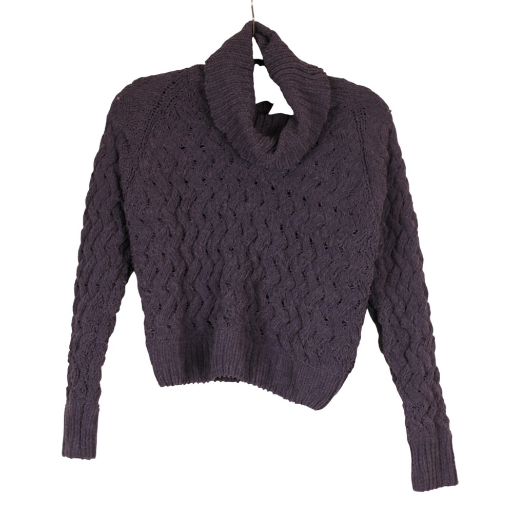 Kendall + Kylie Blue Cozy Chunky Cable Knit Cowl Neck Cropped Chenille Sweater M